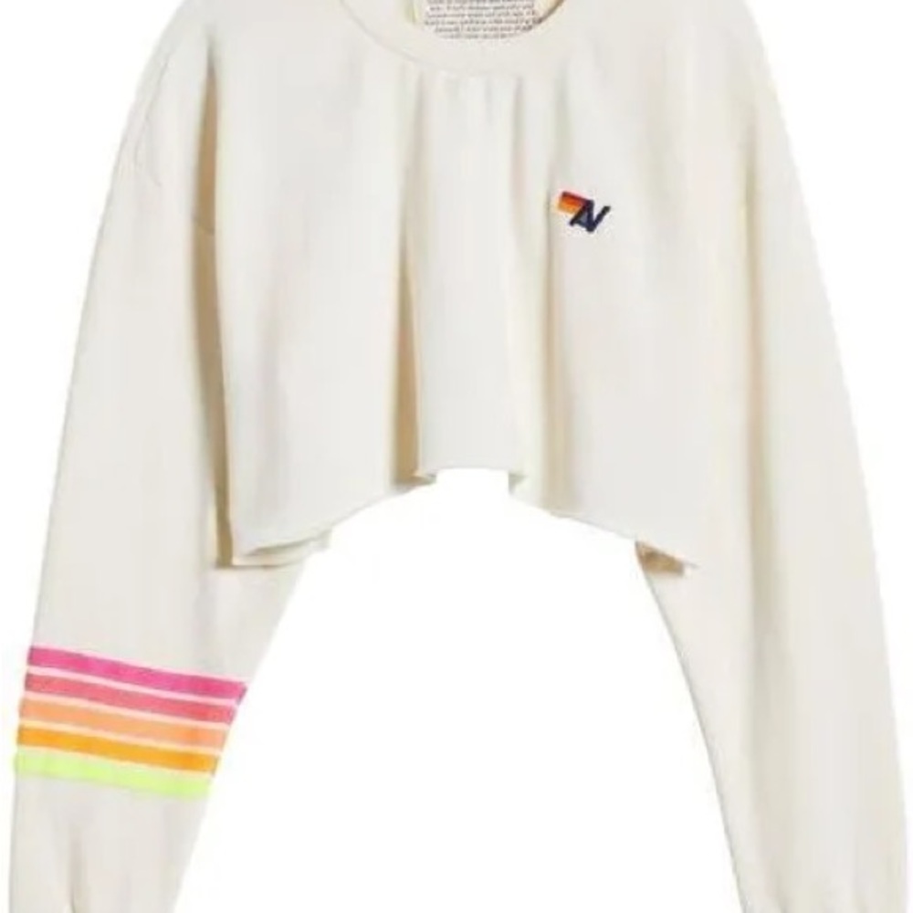 Aviator Nation Cream Cropped Crewneck with Neon Stripe Sleeve